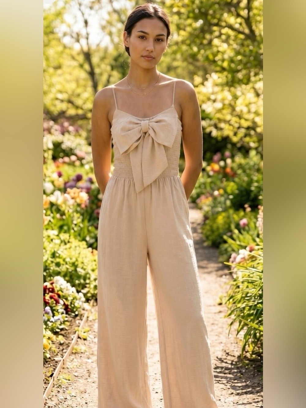 Timing Bow Front Wide Leg Jumpsuit Linen Look Smocked Back NWT Large